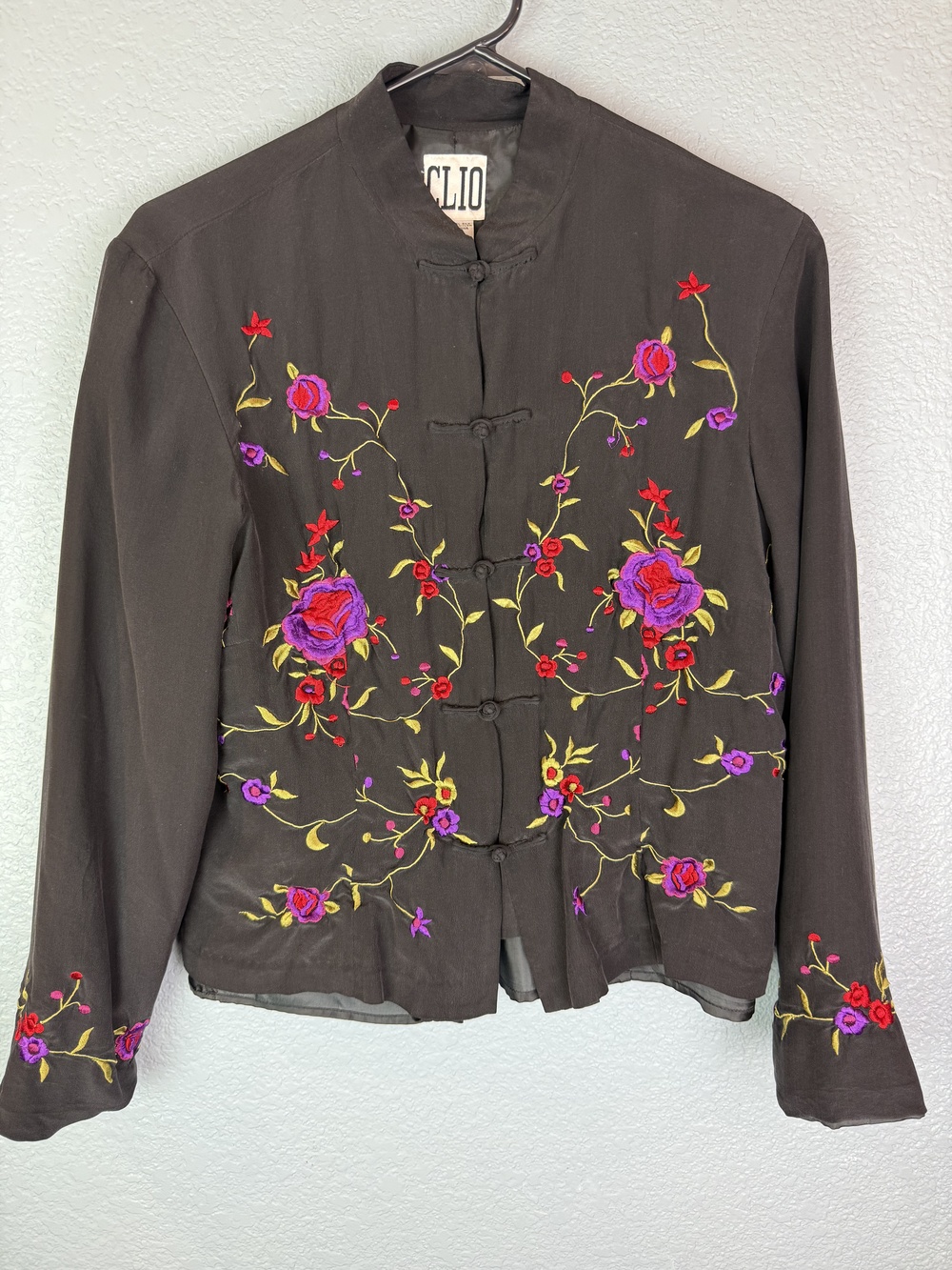 Clio Jacket Womens 8 Silk Embroidered Floral Button Mandarin Collar Boho Chic
